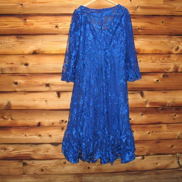 MAC DUGGAL 2051 Blue V-Neck Mesh Puff Sleeve A Line Embellished Tea Length Dress - Picture 10 of 13